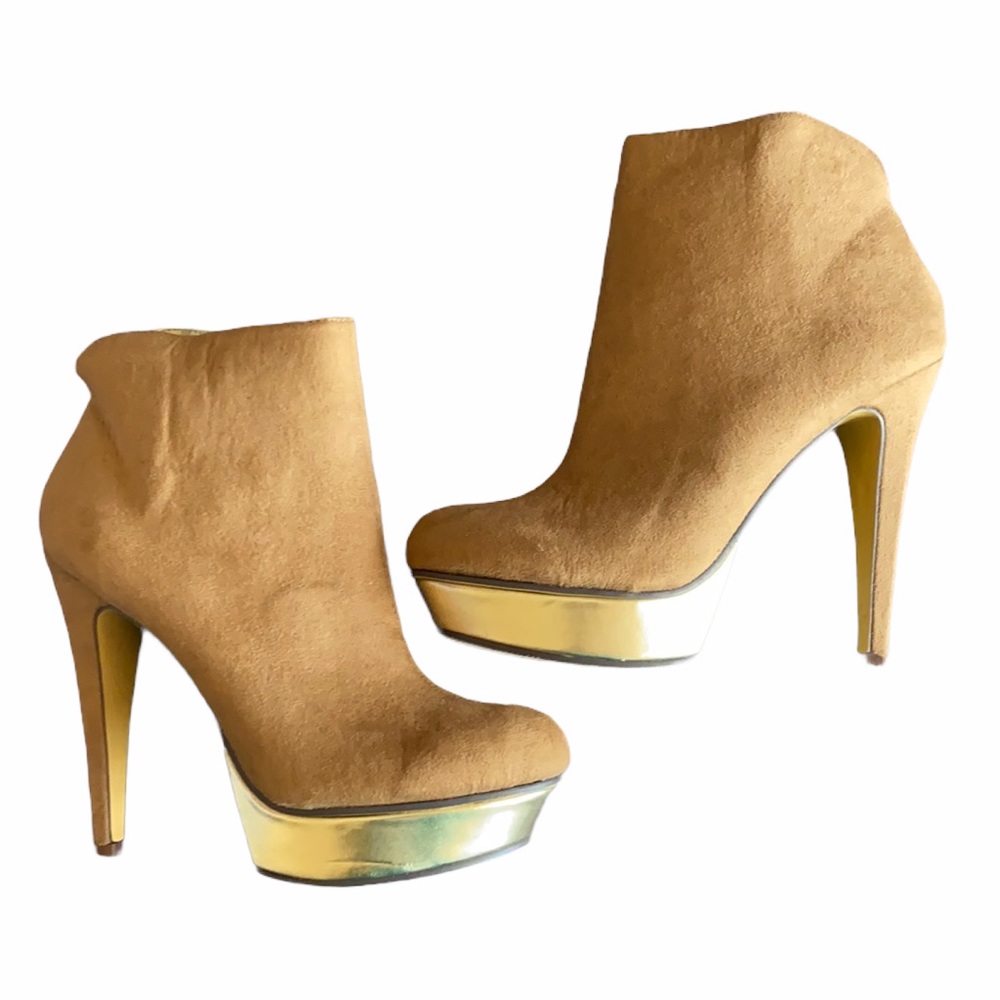 Michael Antonio Tan Suede Gold Bottom Platform Bootie